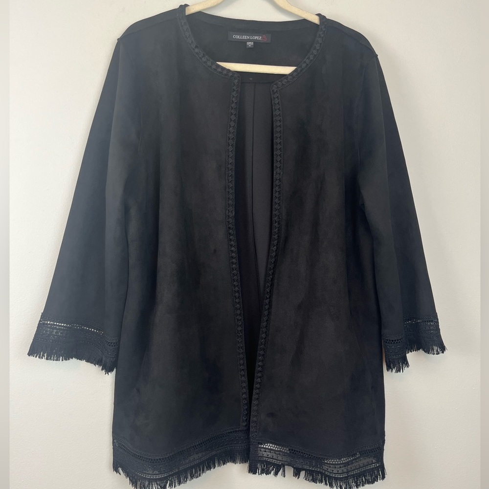 Colleen Lopez Black Faux Suede Open Front Fringe Blazer Jacket Size XL